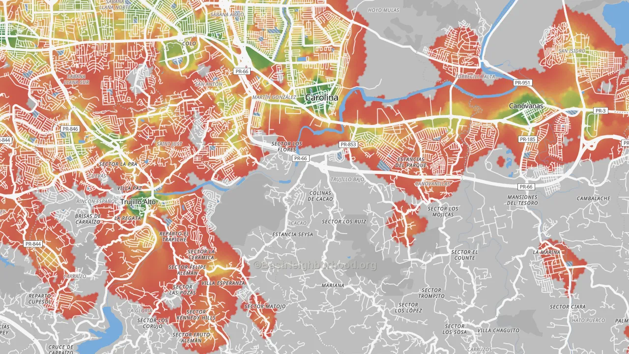 Walk Grade map of 00987, PR, walkable areas in green and car-dependent areas in red