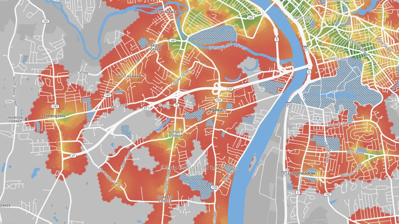Walk Grade map of 01001, MA, walkable areas in green and car-dependent areas in red