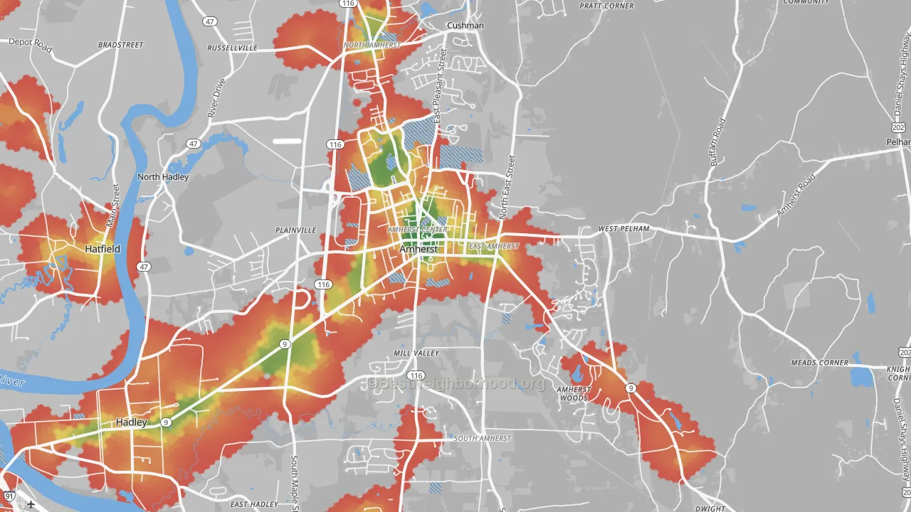 Walk Grade map of 01002, MA, walkable areas in green and car-dependent areas in red