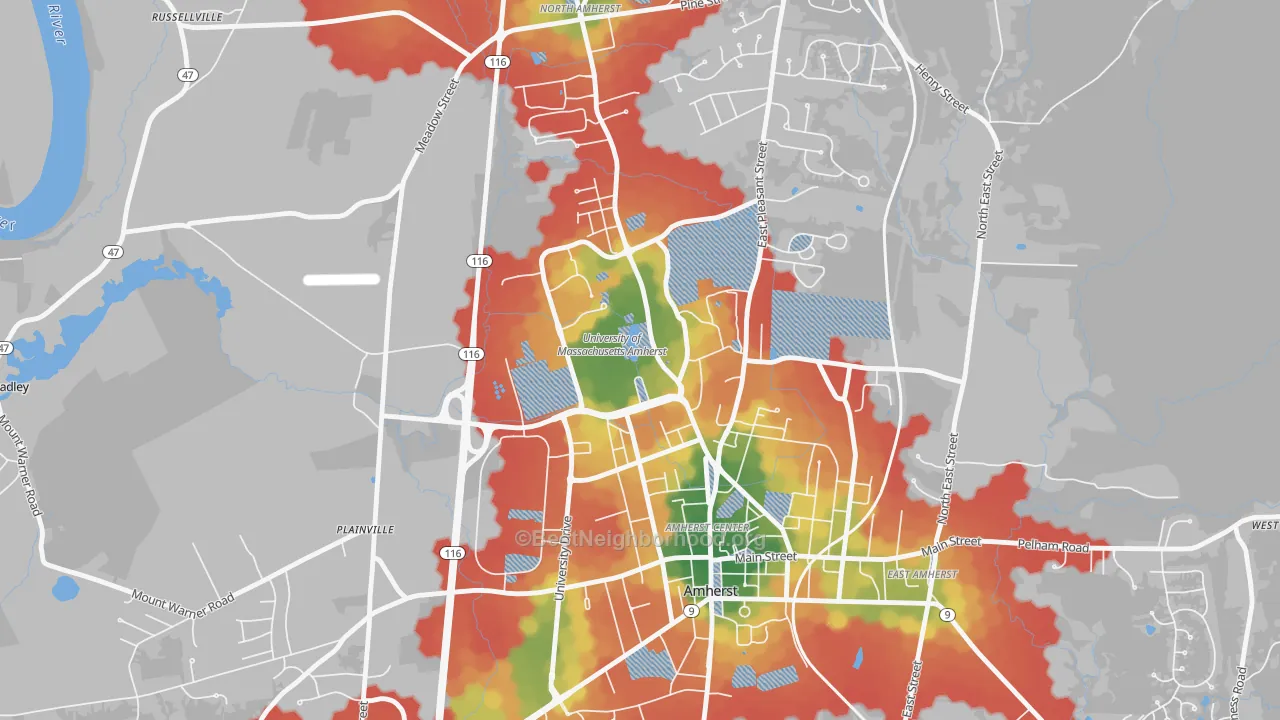 Walk Grade map of 01003, MA, walkable areas in green and car-dependent areas in red