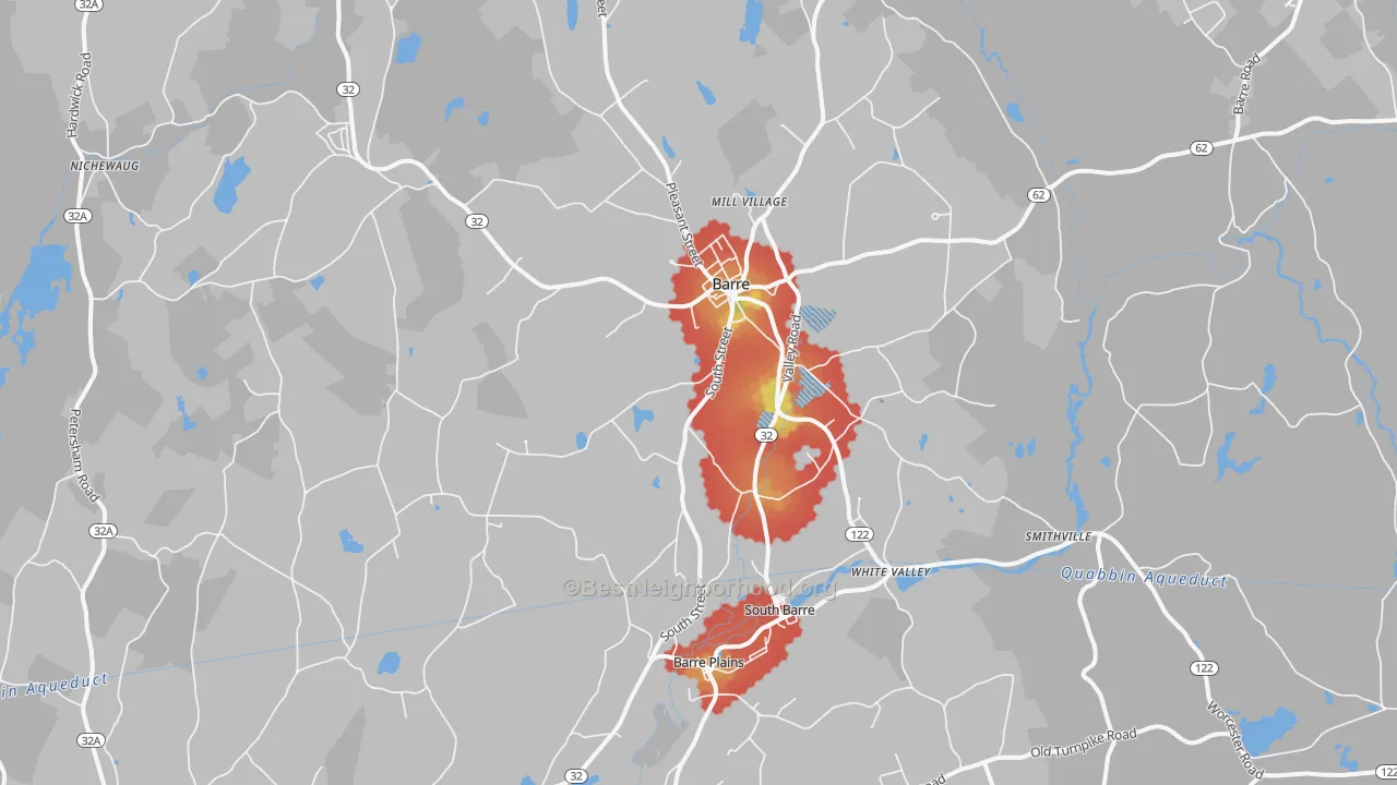 Walk Grade map of 01005, MA, walkable areas in green and car-dependent areas in red