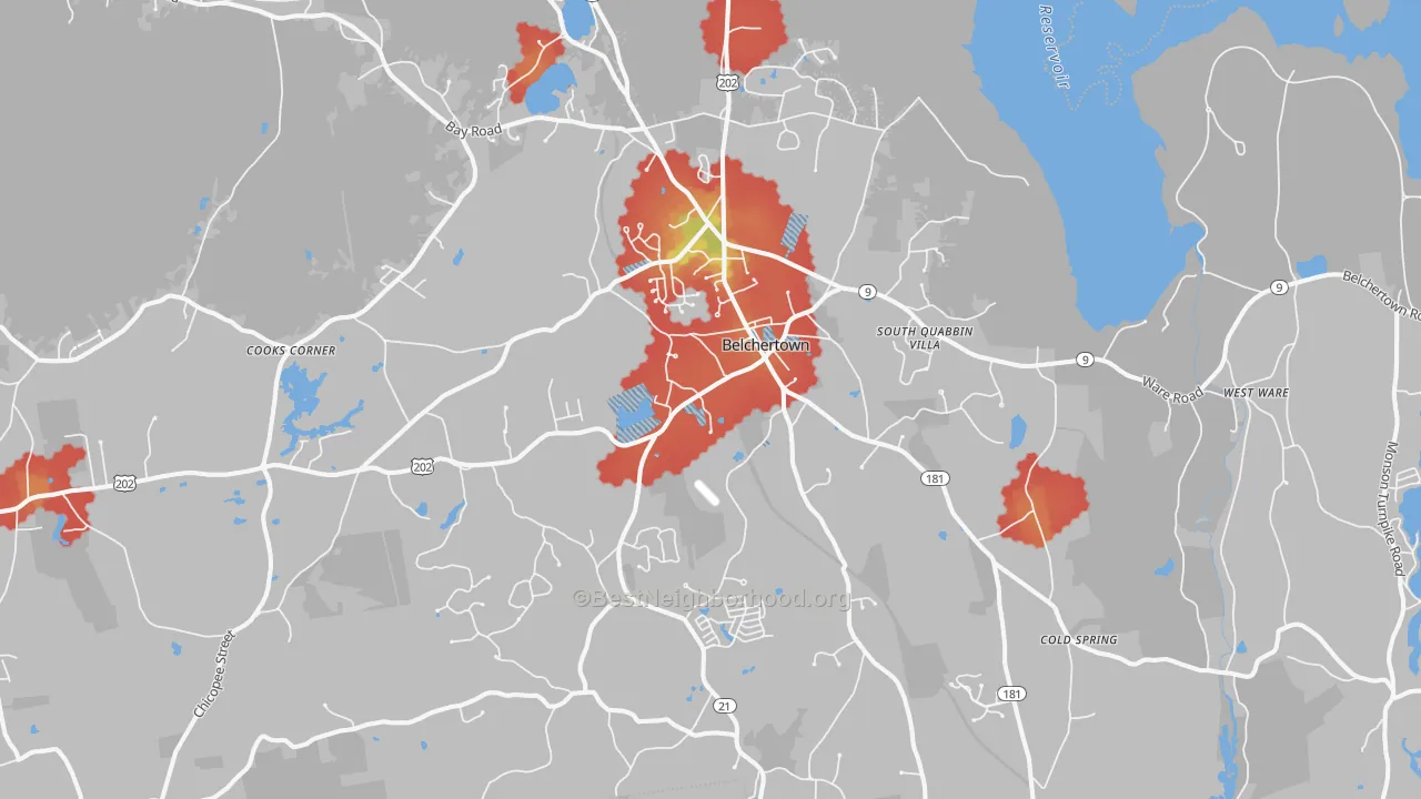 Walk Grade map of 01007, MA, walkable areas in green and car-dependent areas in red
