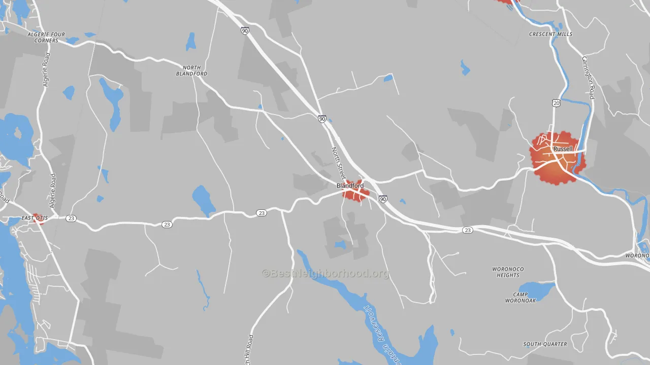 Walk Grade map of 01008, MA, walkable areas in green and car-dependent areas in red