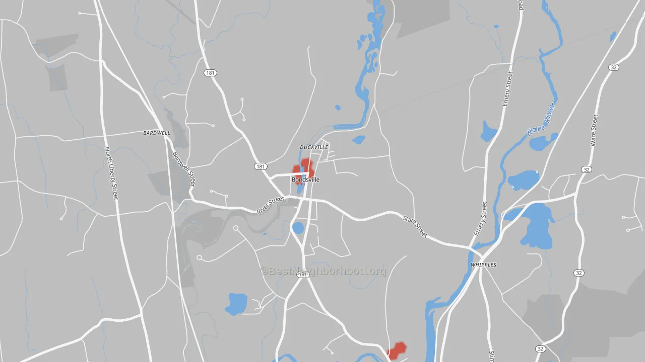Walk Grade map of 01009, MA, walkable areas in green and car-dependent areas in red