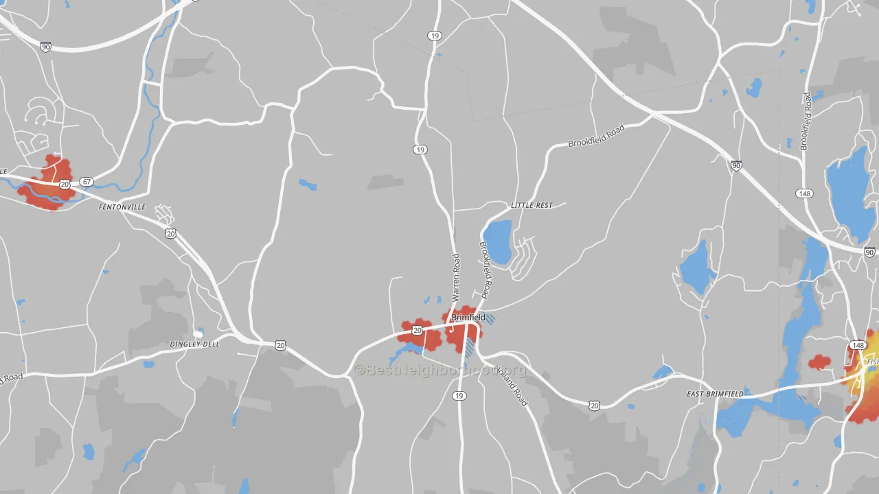 Walk Grade map of 01010, MA, walkable areas in green and car-dependent areas in red