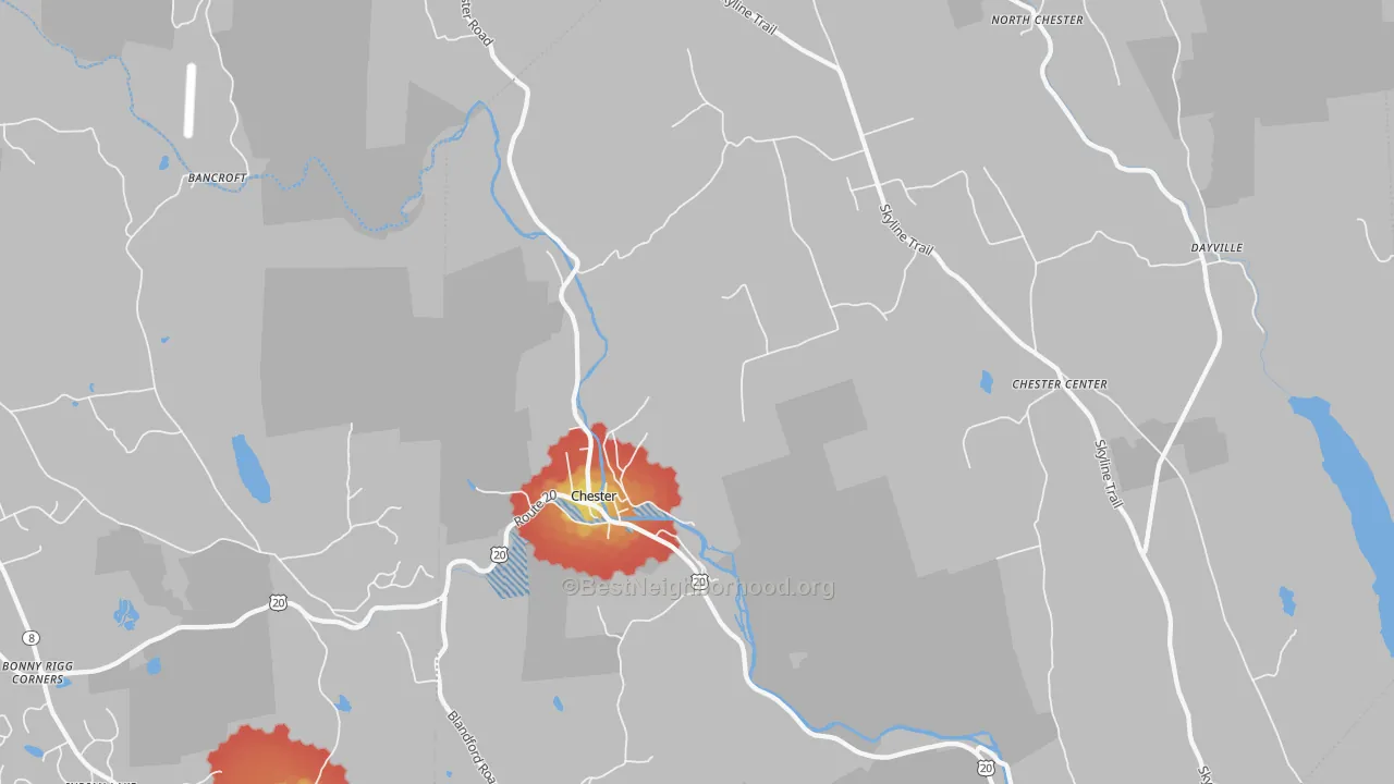 Walk Grade map of 01011, MA, walkable areas in green and car-dependent areas in red