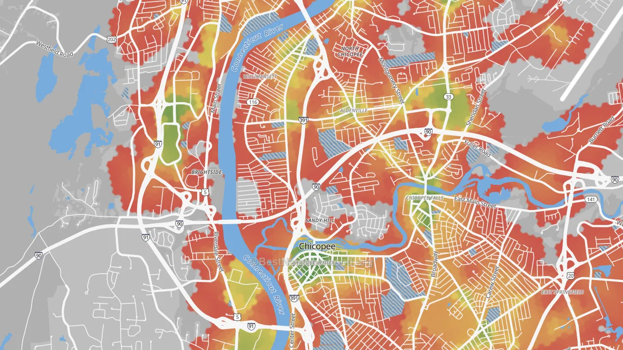 Walk Grade map of 01013, MA, walkable areas in green and car-dependent areas in red