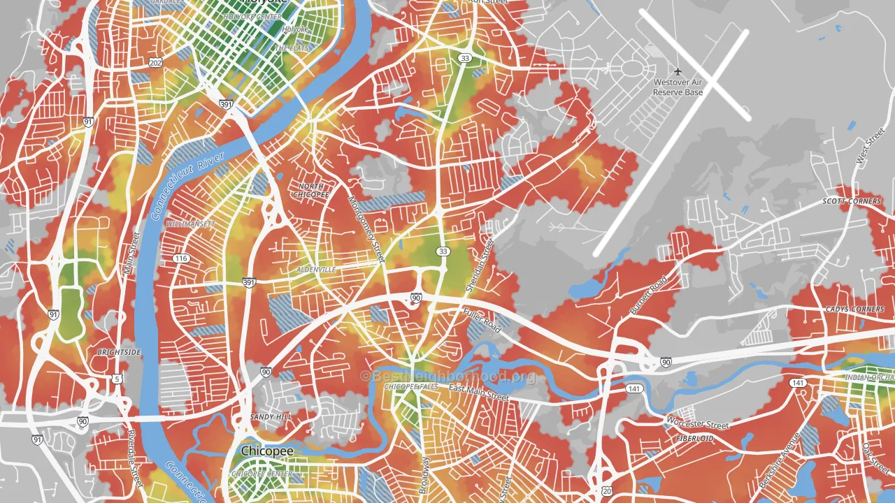 Walk Grade map of 01020, MA, walkable areas in green and car-dependent areas in red