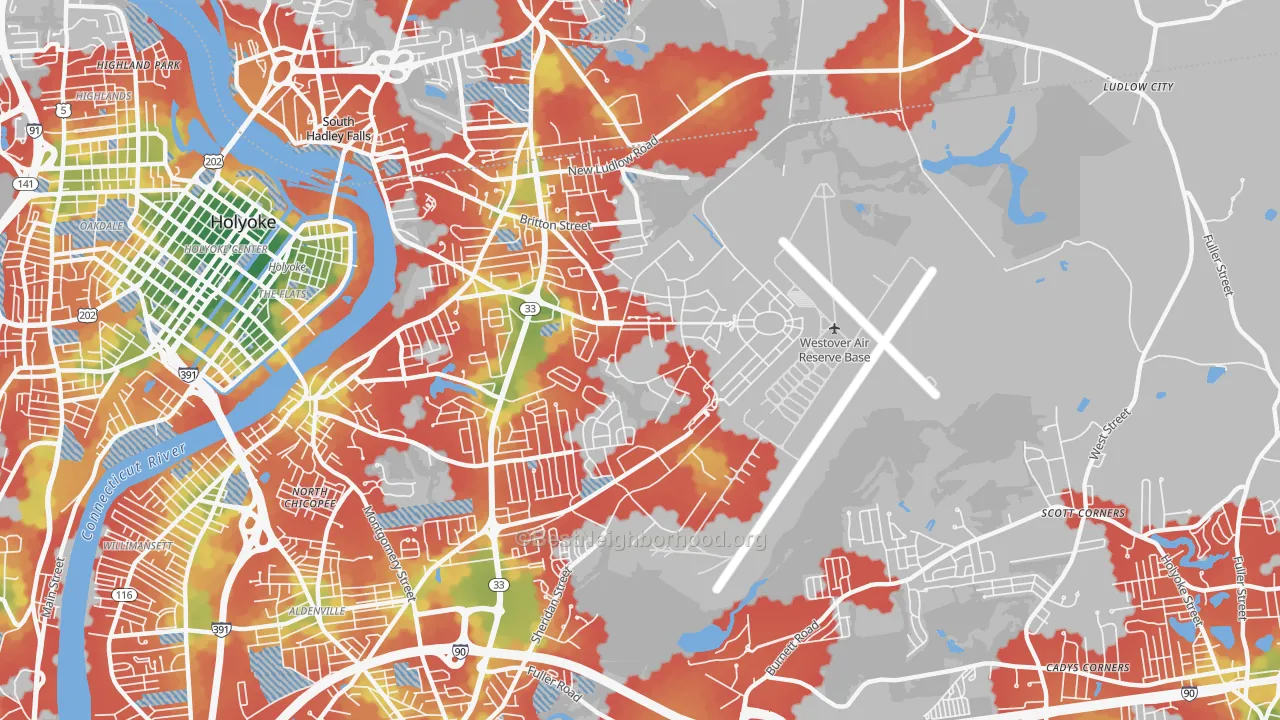 Walk Grade map of 01022, MA, walkable areas in green and car-dependent areas in red