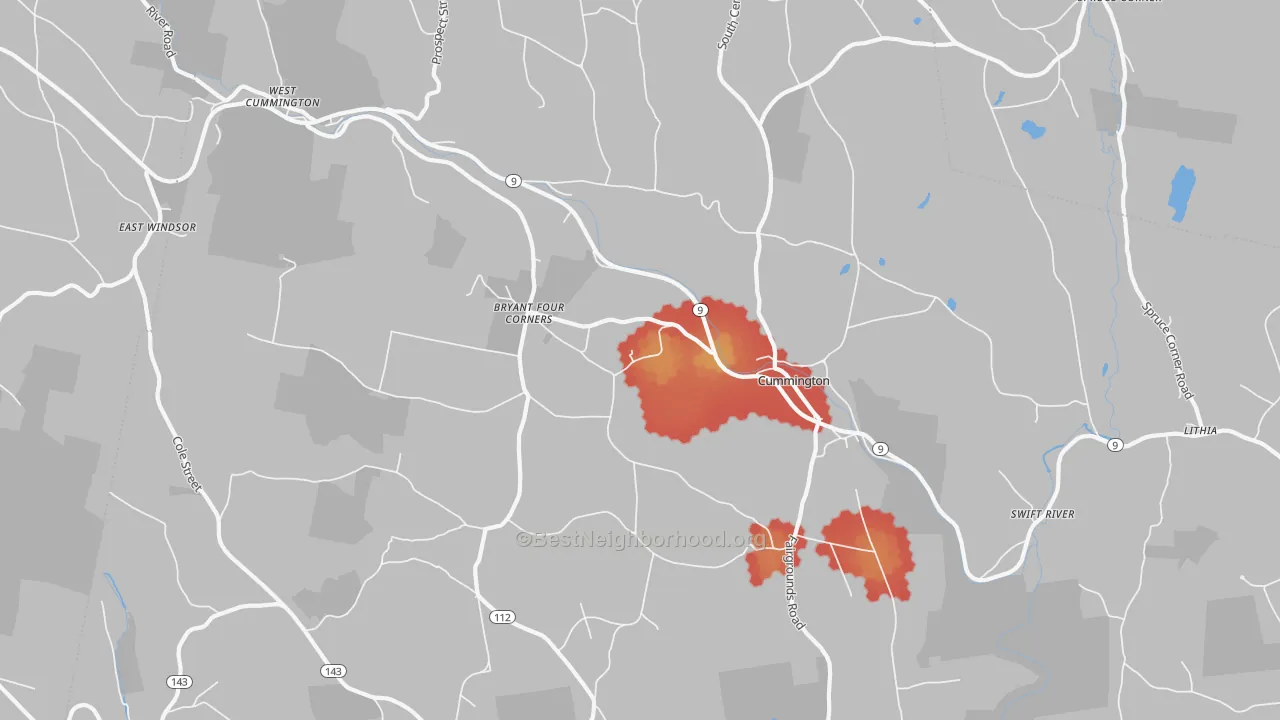 Walk Grade map of 01026, MA, walkable areas in green and car-dependent areas in red