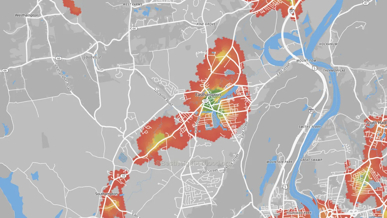 Walk Grade map of 01027, MA, walkable areas in green and car-dependent areas in red