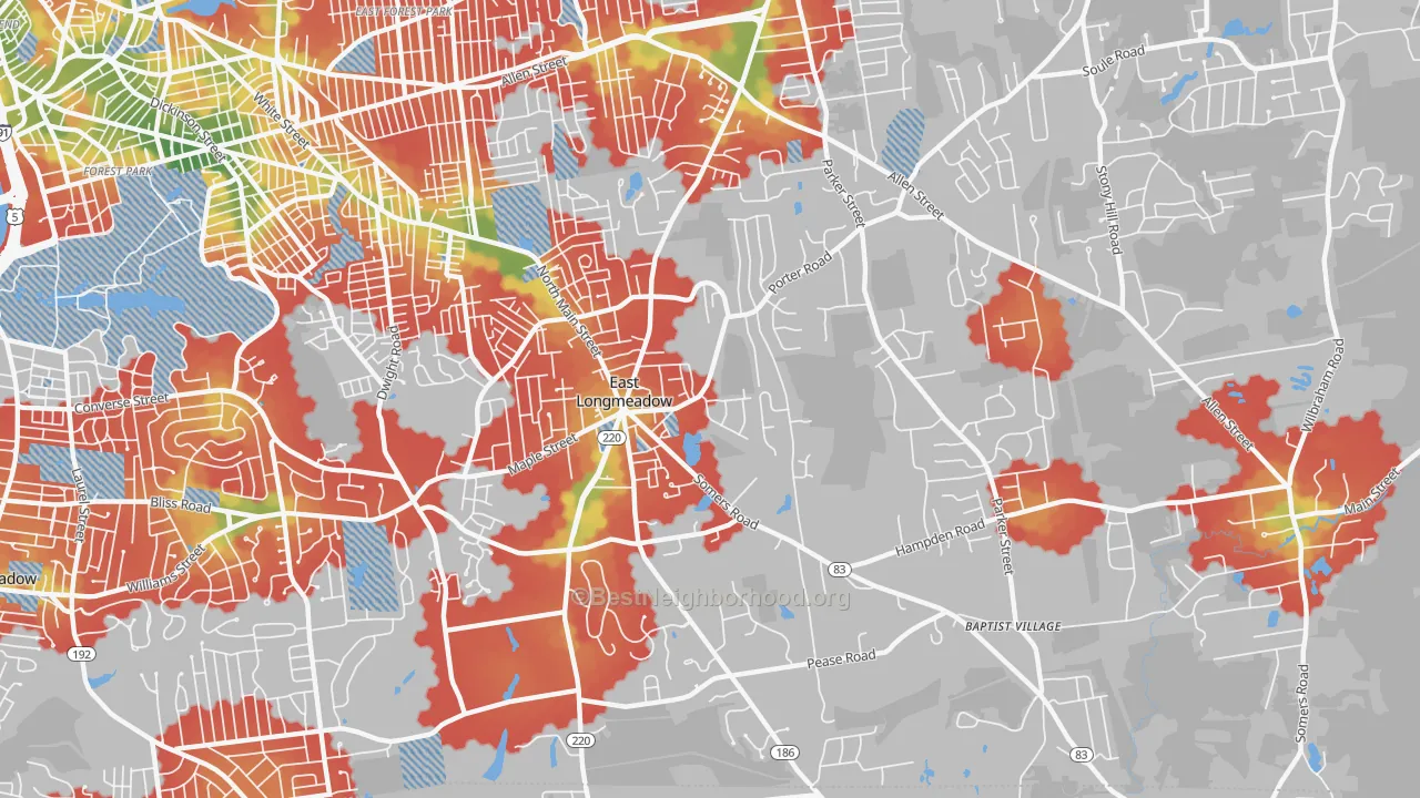 Walk Grade map of 01028, MA, walkable areas in green and car-dependent areas in red