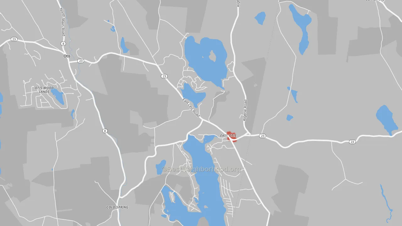 Walk Grade map of 01029, MA, walkable areas in green and car-dependent areas in red