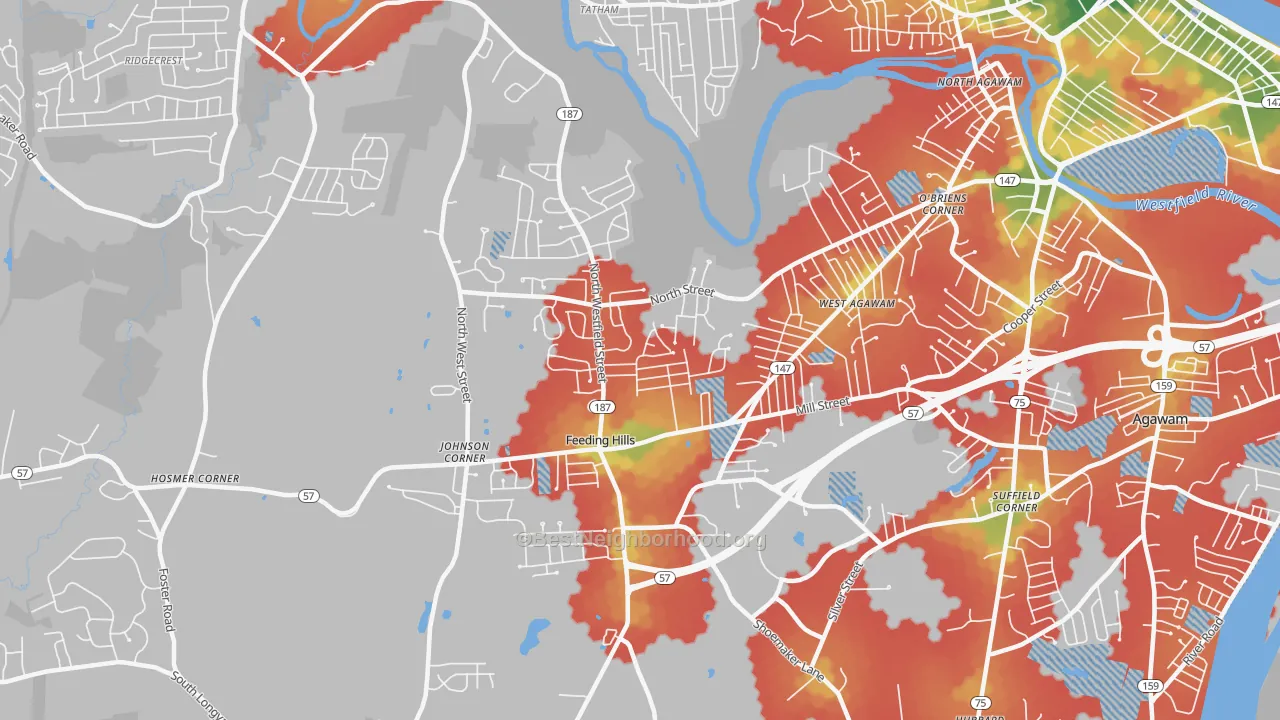 Walk Grade map of 01030, MA, walkable areas in green and car-dependent areas in red
