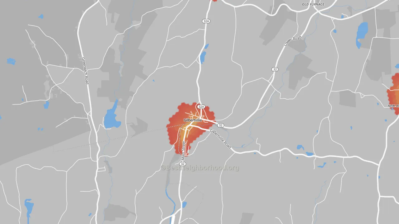 Walk Grade map of 01031, MA, walkable areas in green and car-dependent areas in red