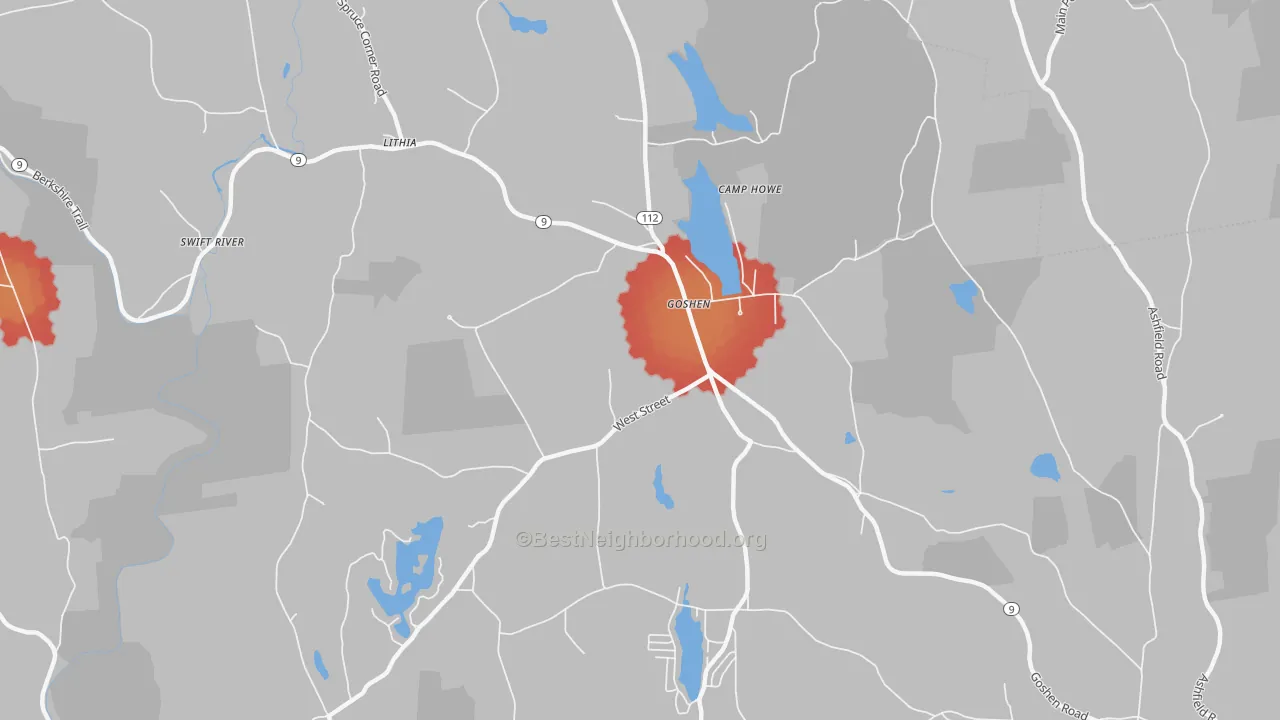 Walk Grade map of 01032, MA, walkable areas in green and car-dependent areas in red