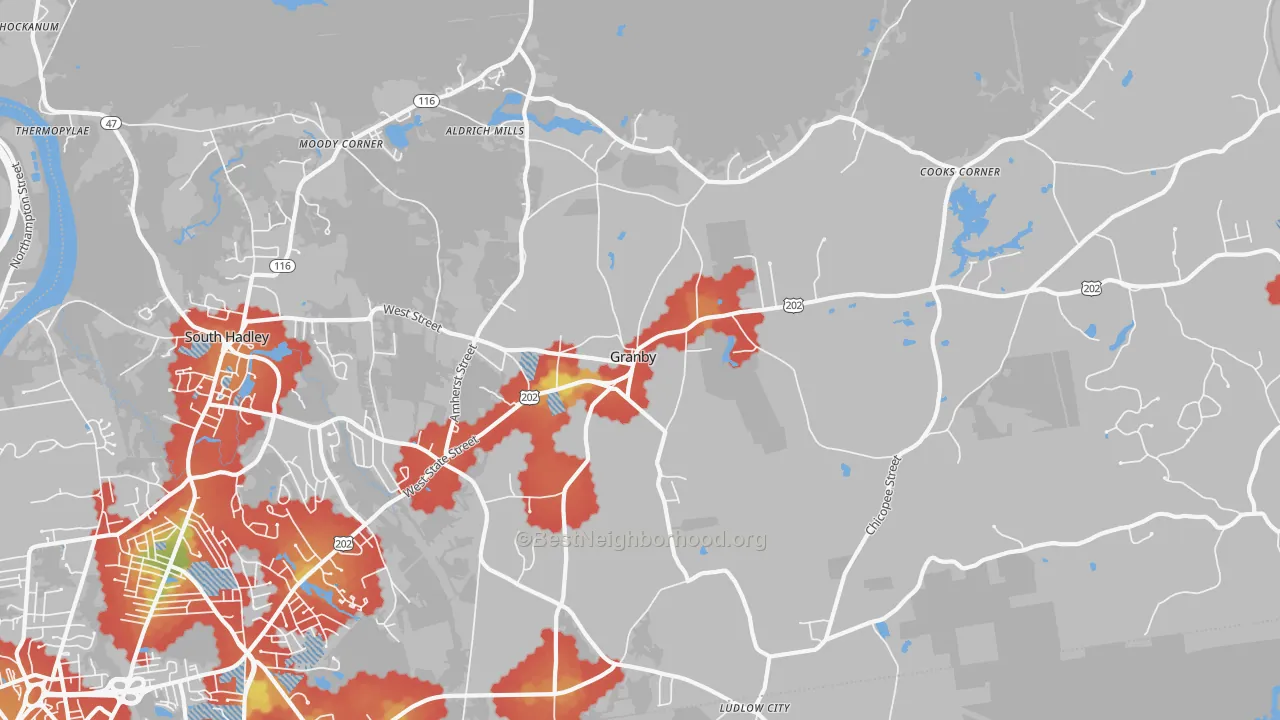 Walk Grade map of 01033, MA, walkable areas in green and car-dependent areas in red