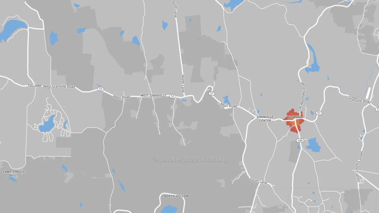 Walk Grade map of 01034, MA, walkable areas in green and car-dependent areas in red