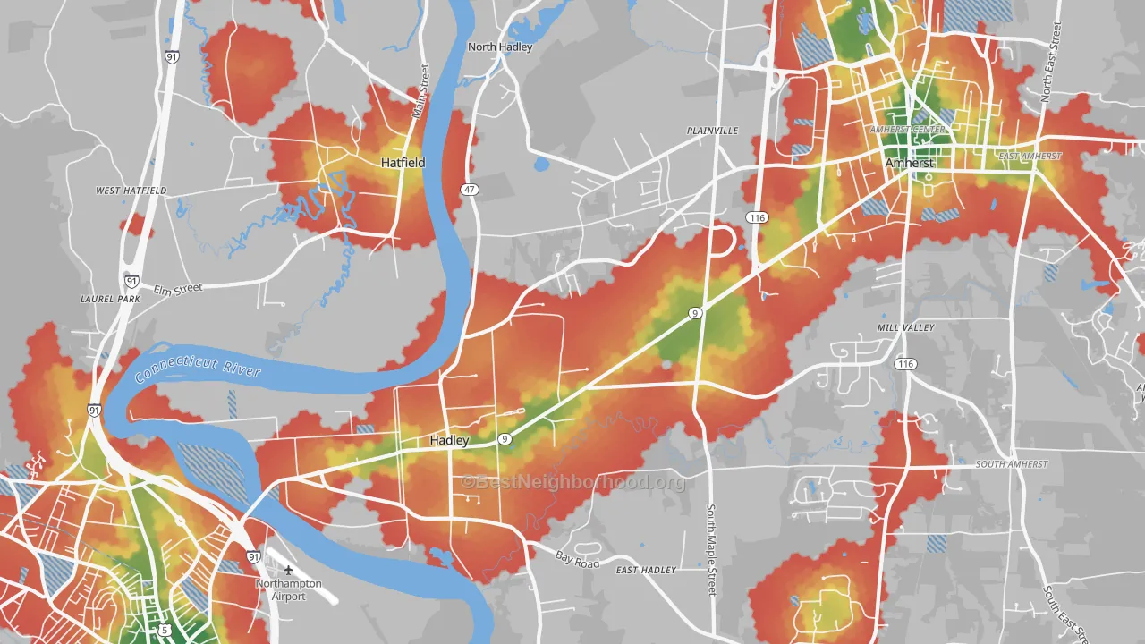 Walk Grade map of 01035, MA, walkable areas in green and car-dependent areas in red