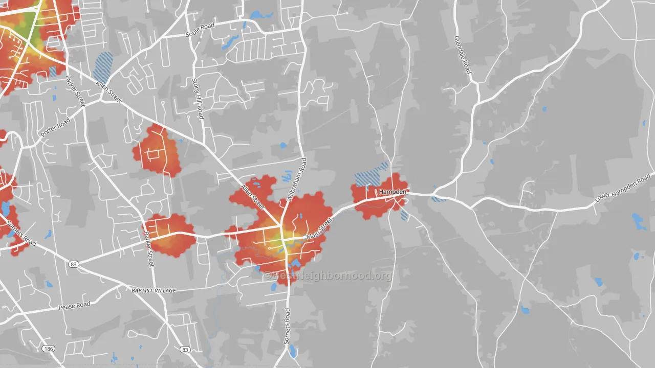 Walk Grade map of 01036, MA, walkable areas in green and car-dependent areas in red