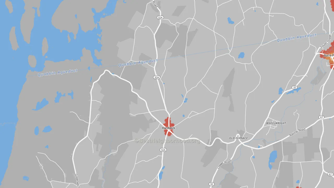 Walk Grade map of 01037, MA, walkable areas in green and car-dependent areas in red