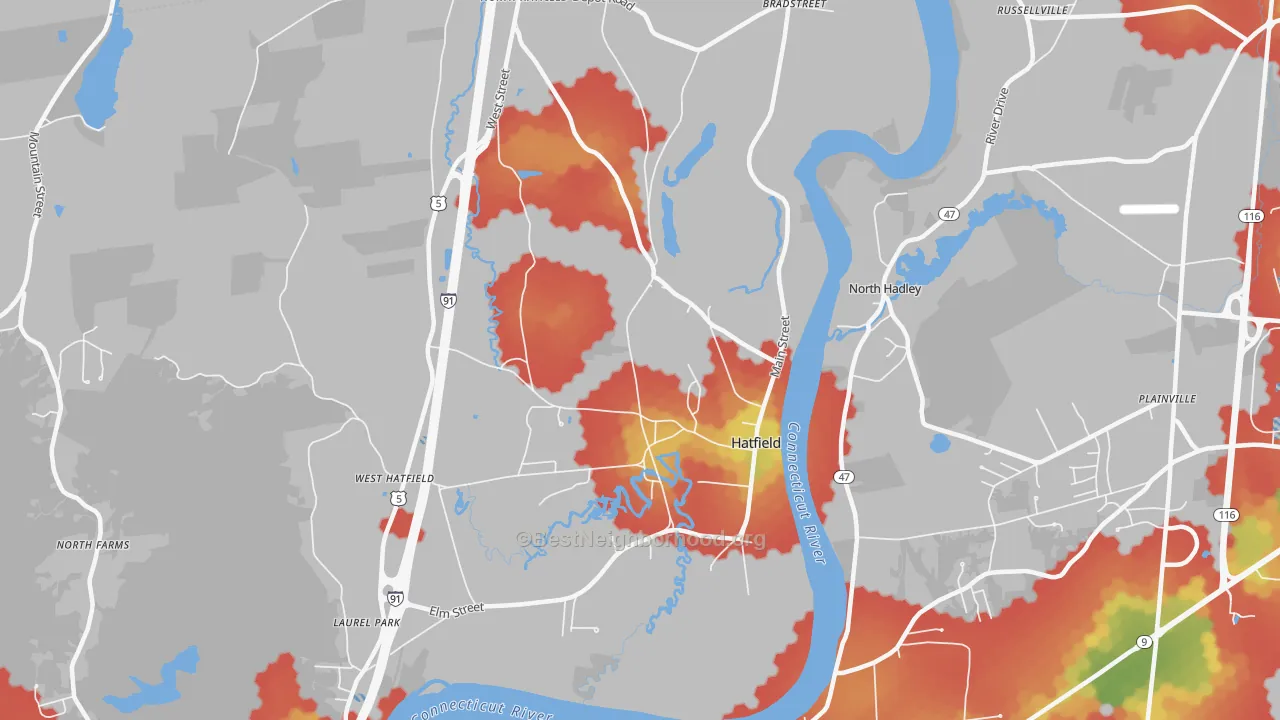 Walk Grade map of 01038, MA, walkable areas in green and car-dependent areas in red
