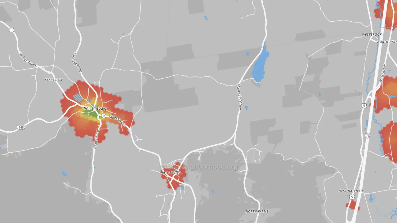 Walk Grade map of 01039, MA, walkable areas in green and car-dependent areas in red
