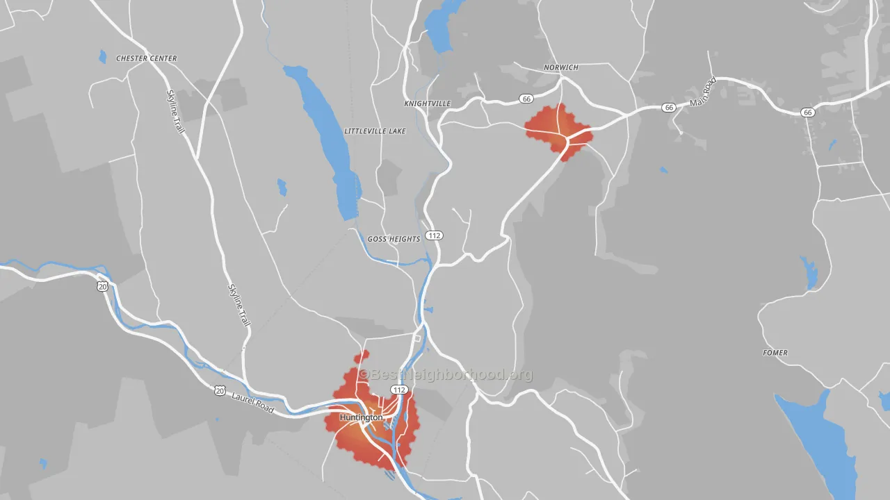 Walk Grade map of 01050, MA, walkable areas in green and car-dependent areas in red
