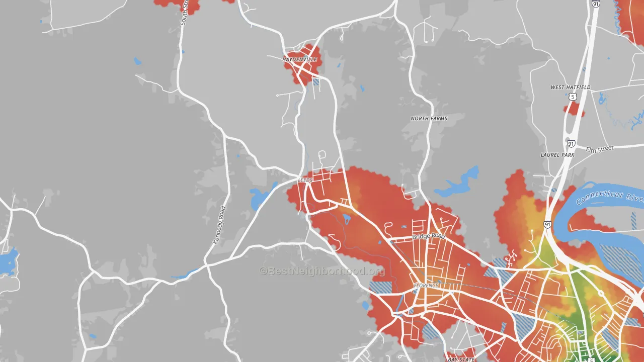 Walk Grade map of 01053, MA, walkable areas in green and car-dependent areas in red