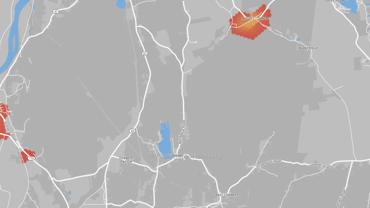 Walk Grade map of 01054, MA, walkable areas in green and car-dependent areas in red