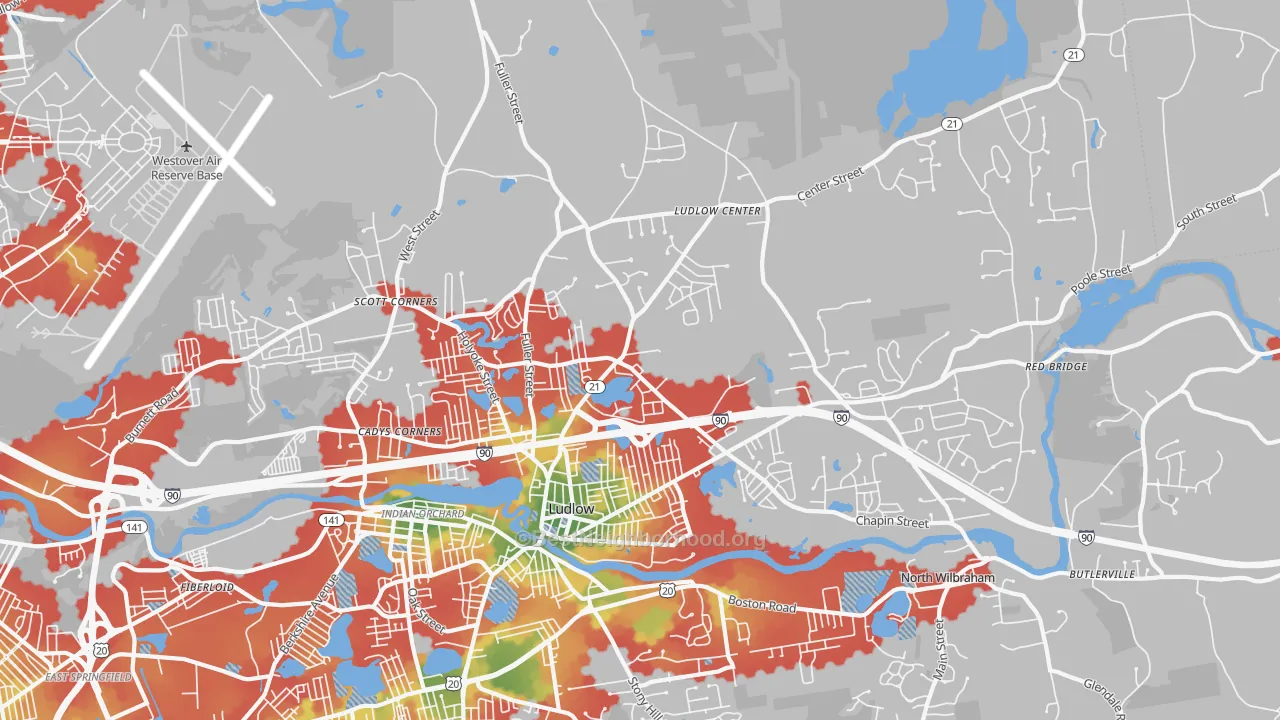 Walk Grade map of 01056, MA, walkable areas in green and car-dependent areas in red