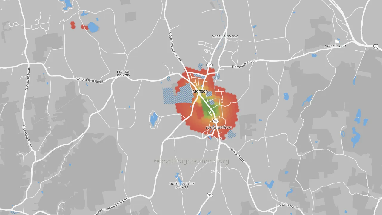 Walk Grade map of 01057, MA, walkable areas in green and car-dependent areas in red