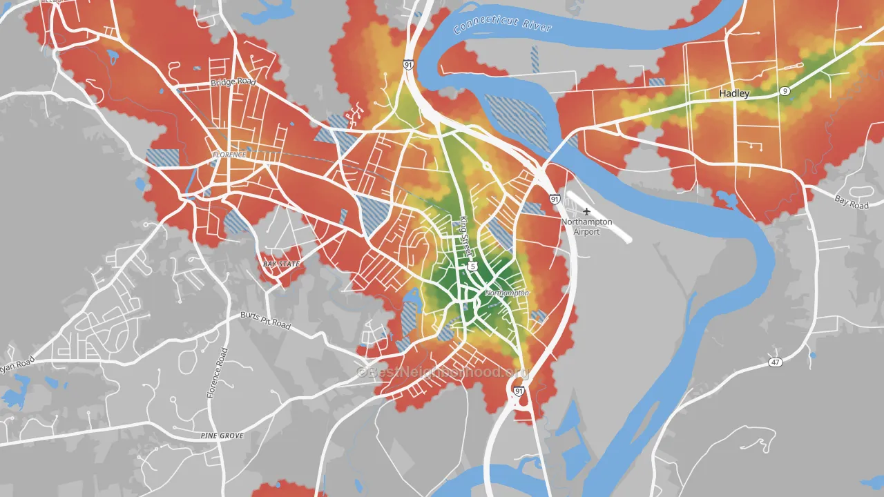 Walk Grade map of 01060, MA, walkable areas in green and car-dependent areas in red