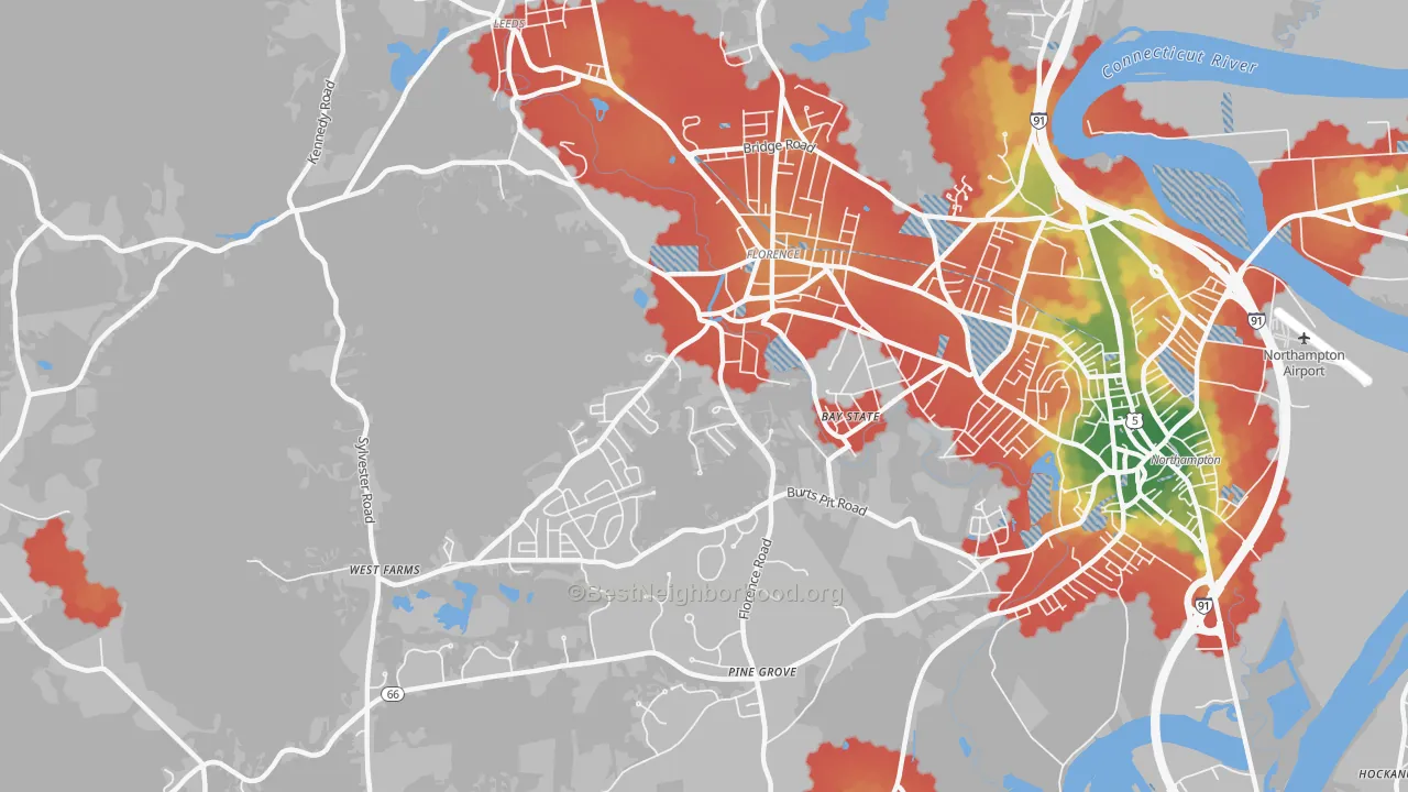 Walk Grade map of 01062, MA, walkable areas in green and car-dependent areas in red