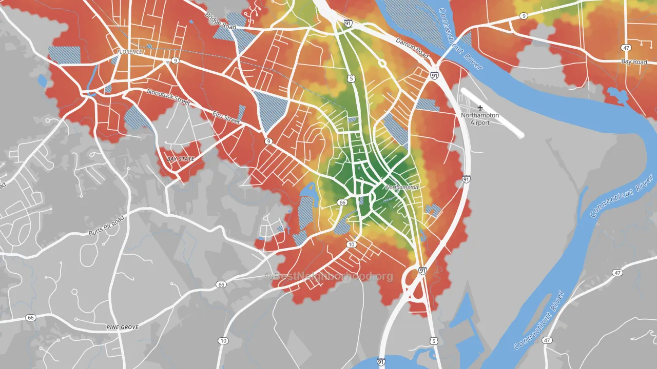Walk Grade map of 01063, MA, walkable areas in green and car-dependent areas in red