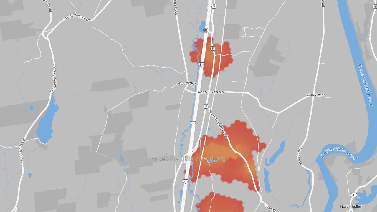 Walk Grade map of 01066, MA, walkable areas in green and car-dependent areas in red