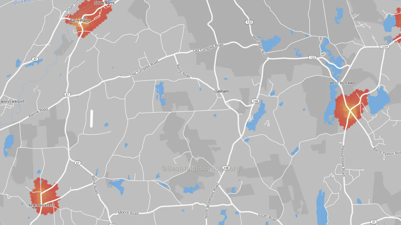 Walk Grade map of 01068, MA, walkable areas in green and car-dependent areas in red