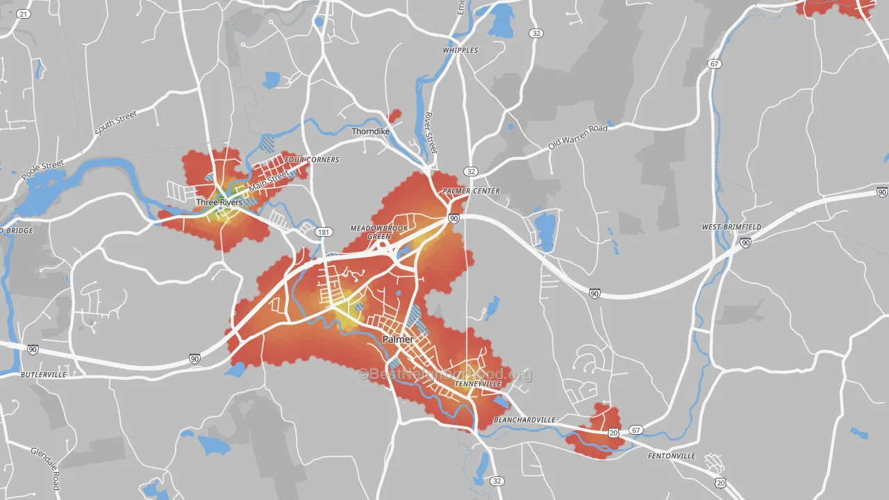 Walk Grade map of 01069, MA, walkable areas in green and car-dependent areas in red
