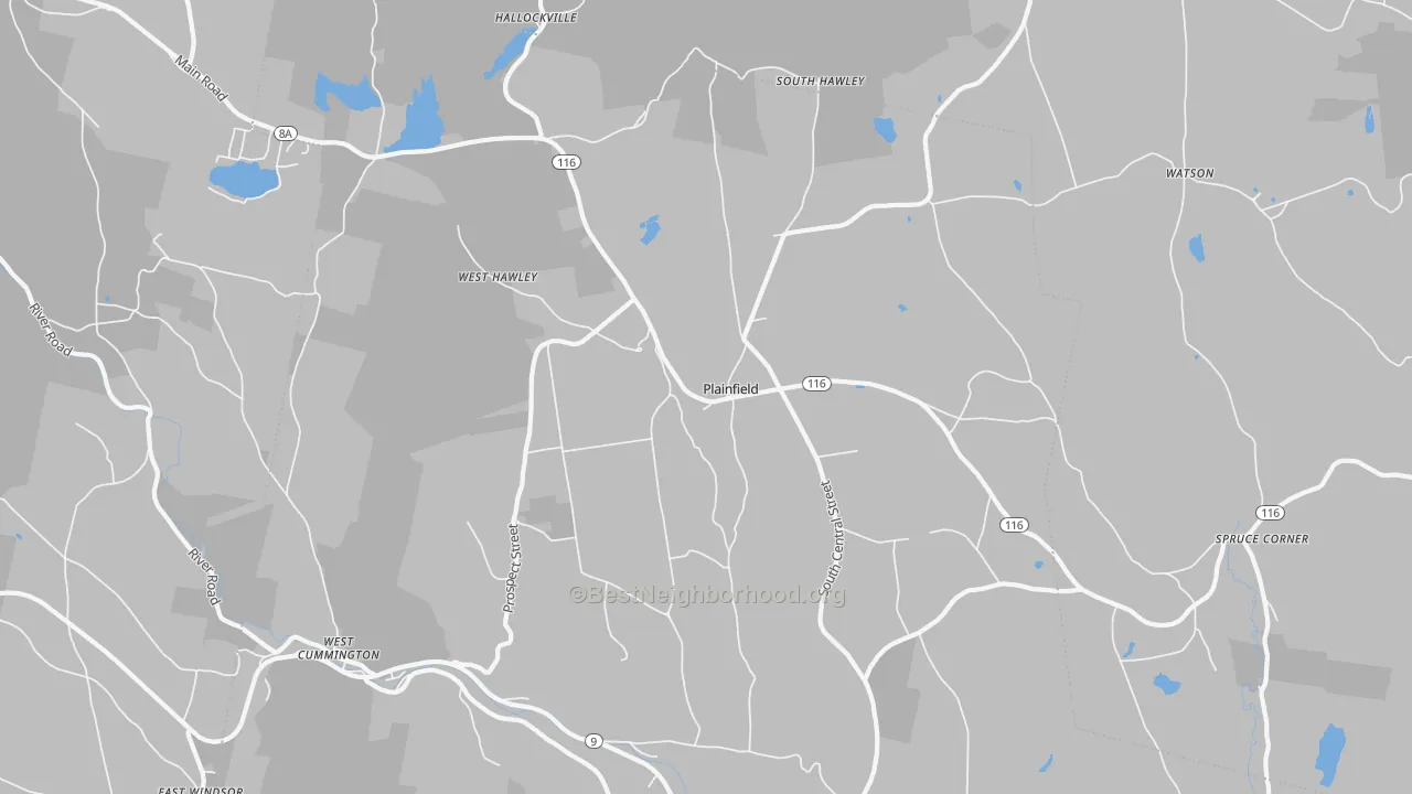 Walk Grade map of 01070, MA, walkable areas in green and car-dependent areas in red