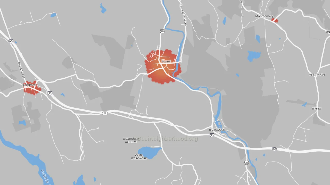 Walk Grade map of 01071, MA, walkable areas in green and car-dependent areas in red