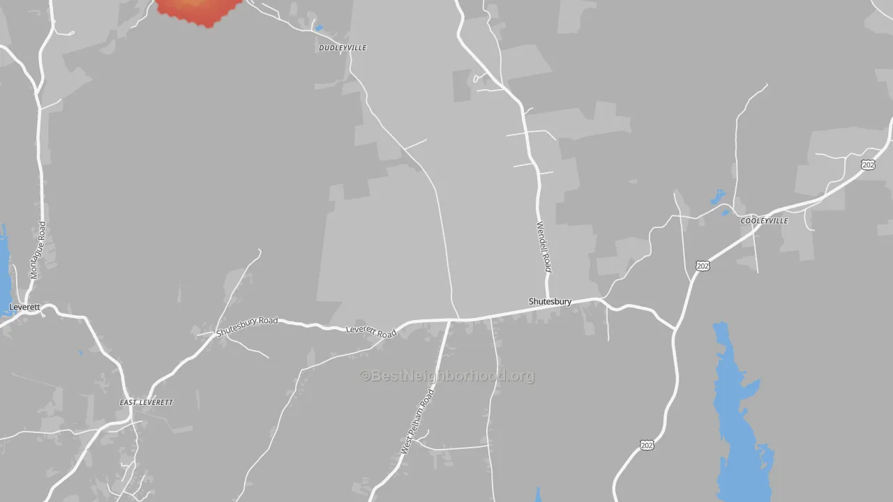 Walk Grade map of 01072, MA, walkable areas in green and car-dependent areas in red