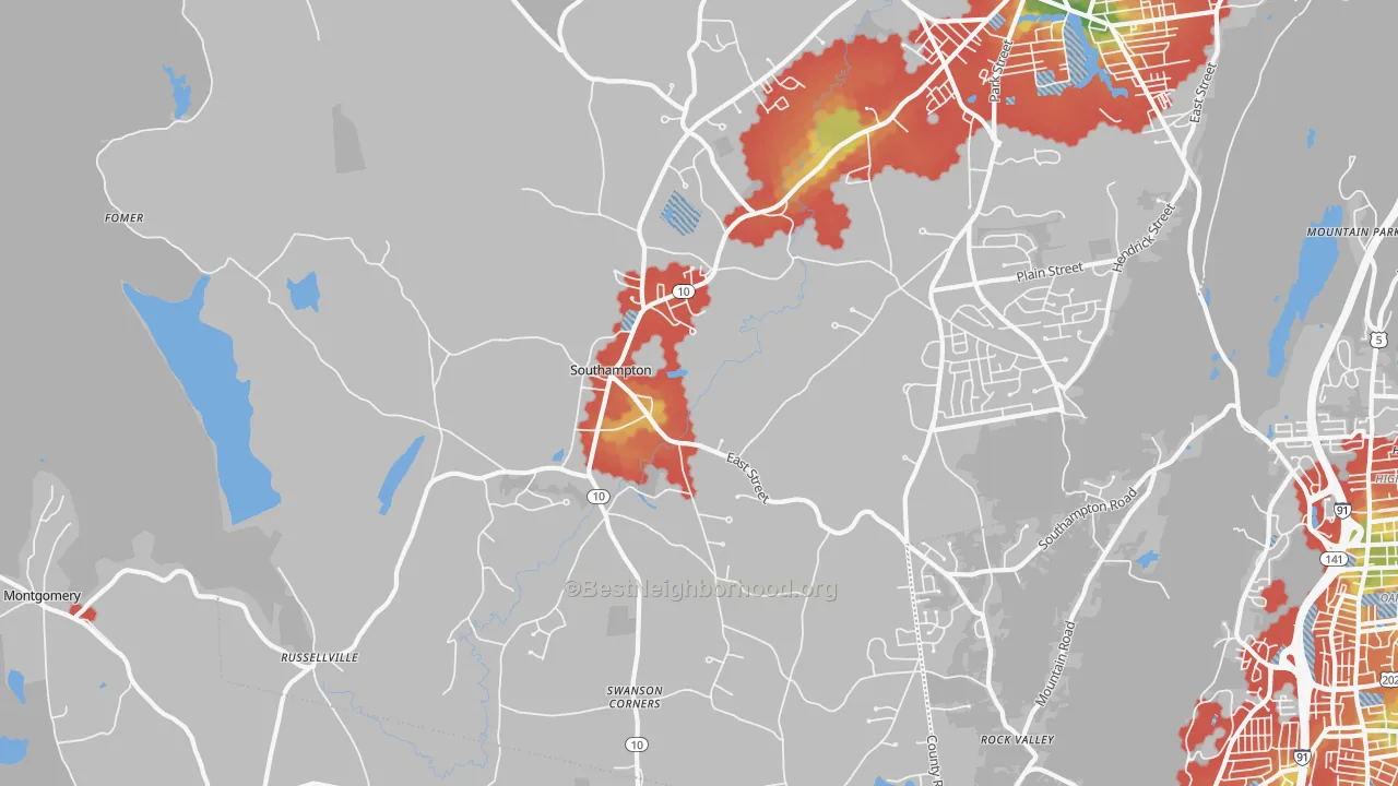Walk Grade map of 01073, MA, walkable areas in green and car-dependent areas in red