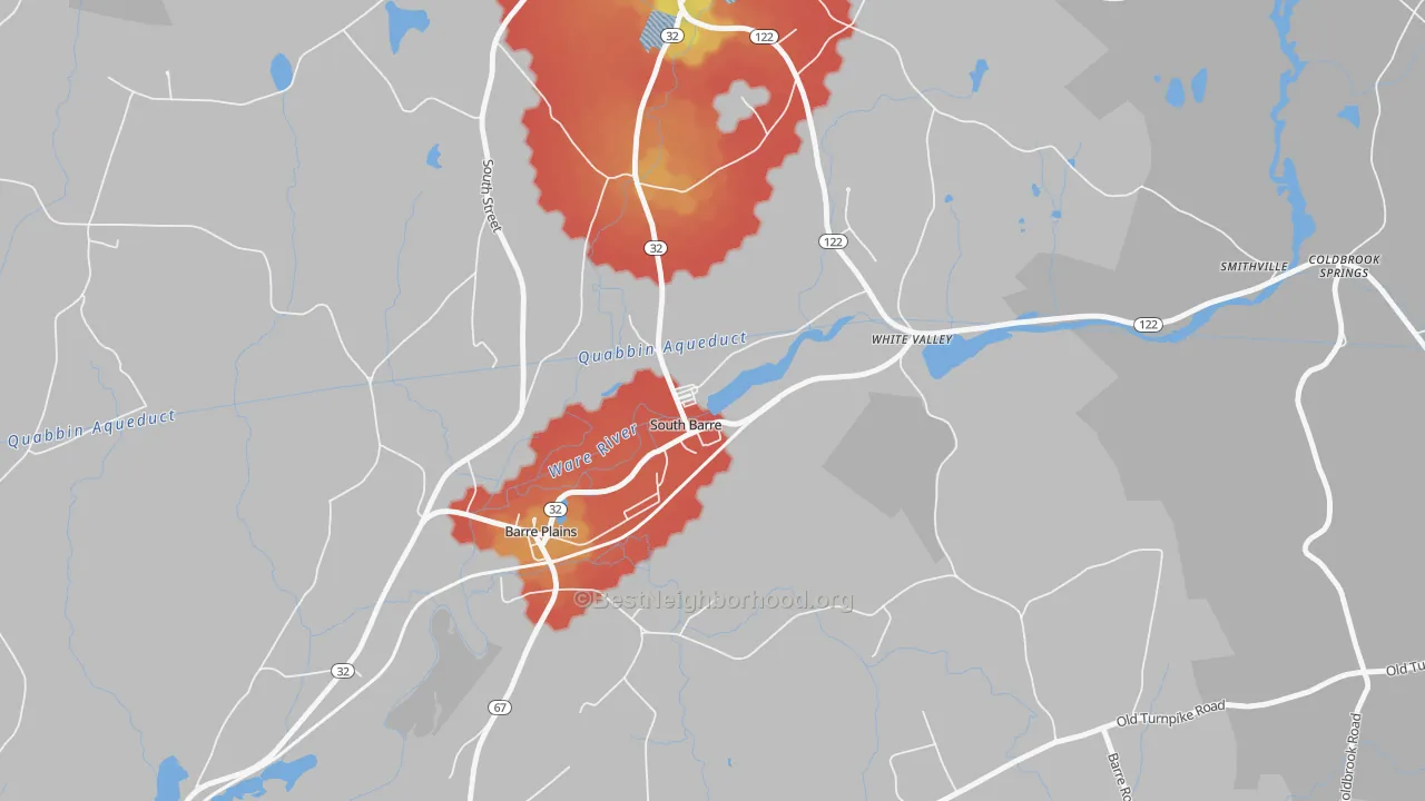 Walk Grade map of 01074, MA, walkable areas in green and car-dependent areas in red