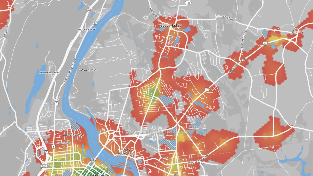 Walk Grade map of 01075, MA, walkable areas in green and car-dependent areas in red