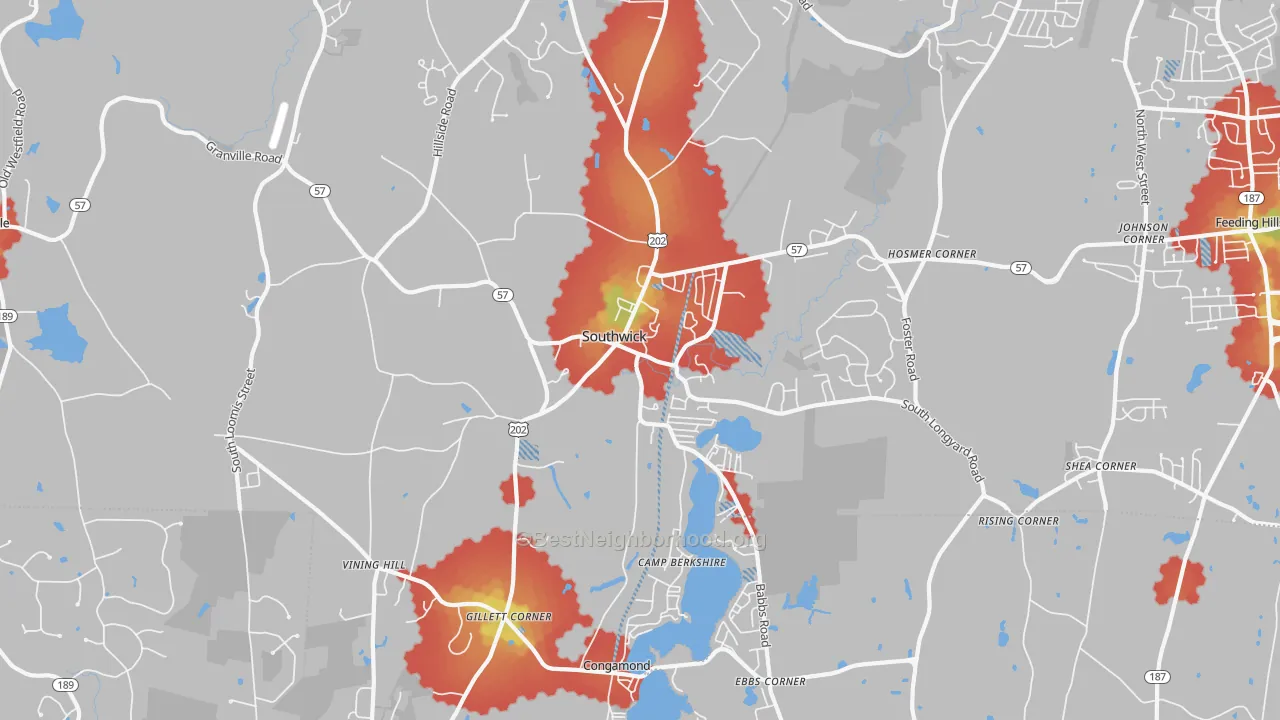 Walk Grade map of 01077, MA, walkable areas in green and car-dependent areas in red