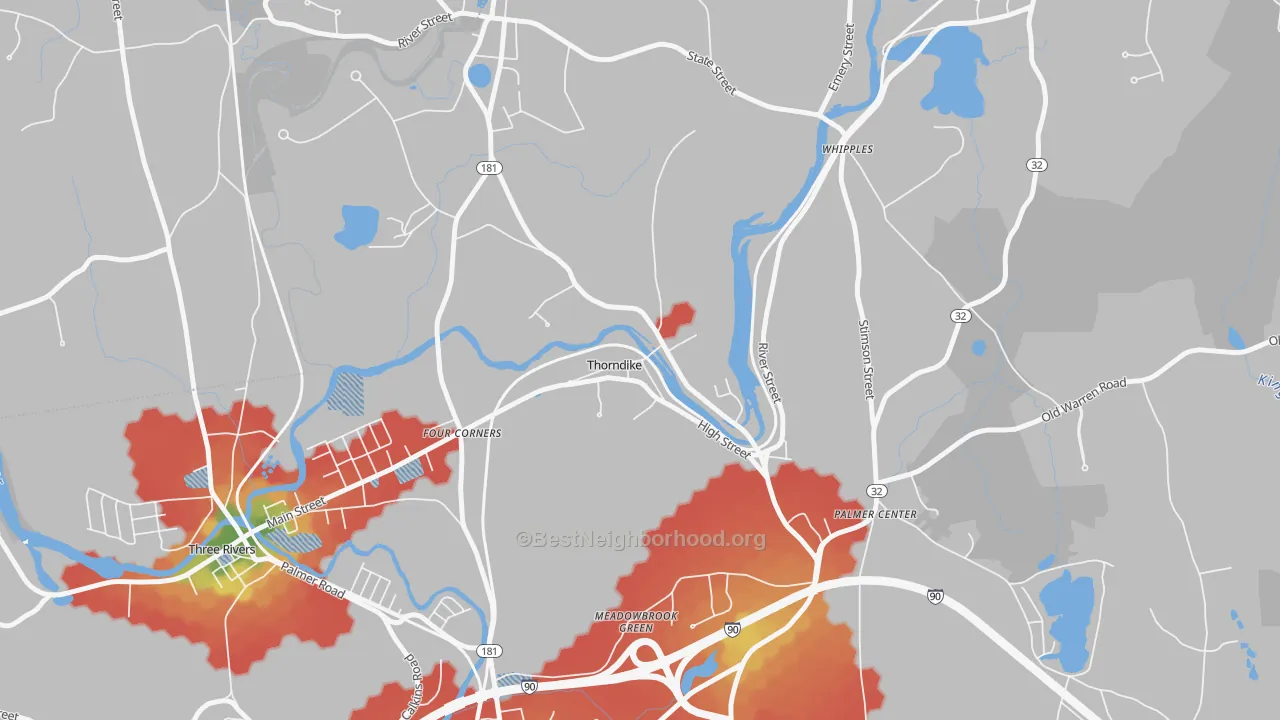 Walk Grade map of 01079, MA, walkable areas in green and car-dependent areas in red