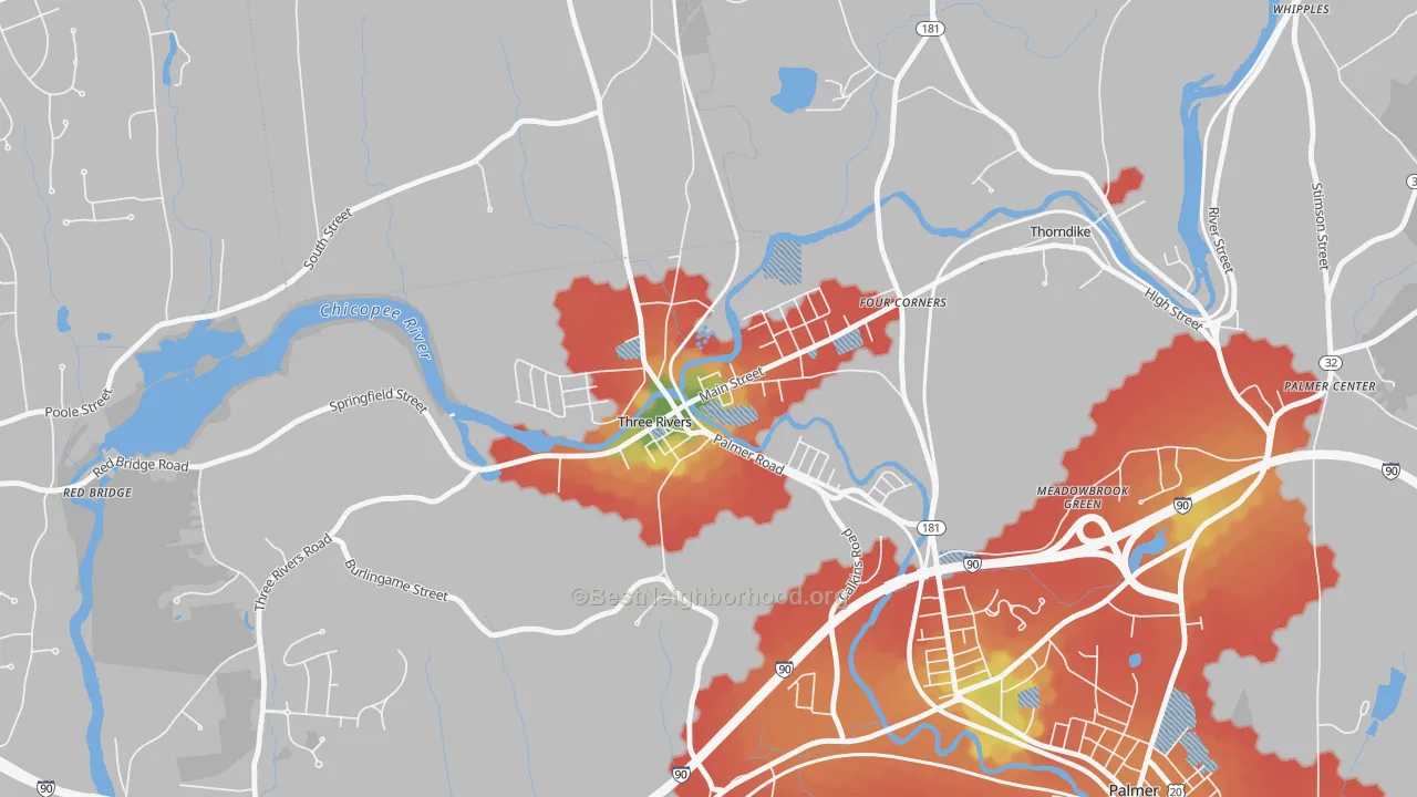 Walk Grade map of 01080, MA, walkable areas in green and car-dependent areas in red