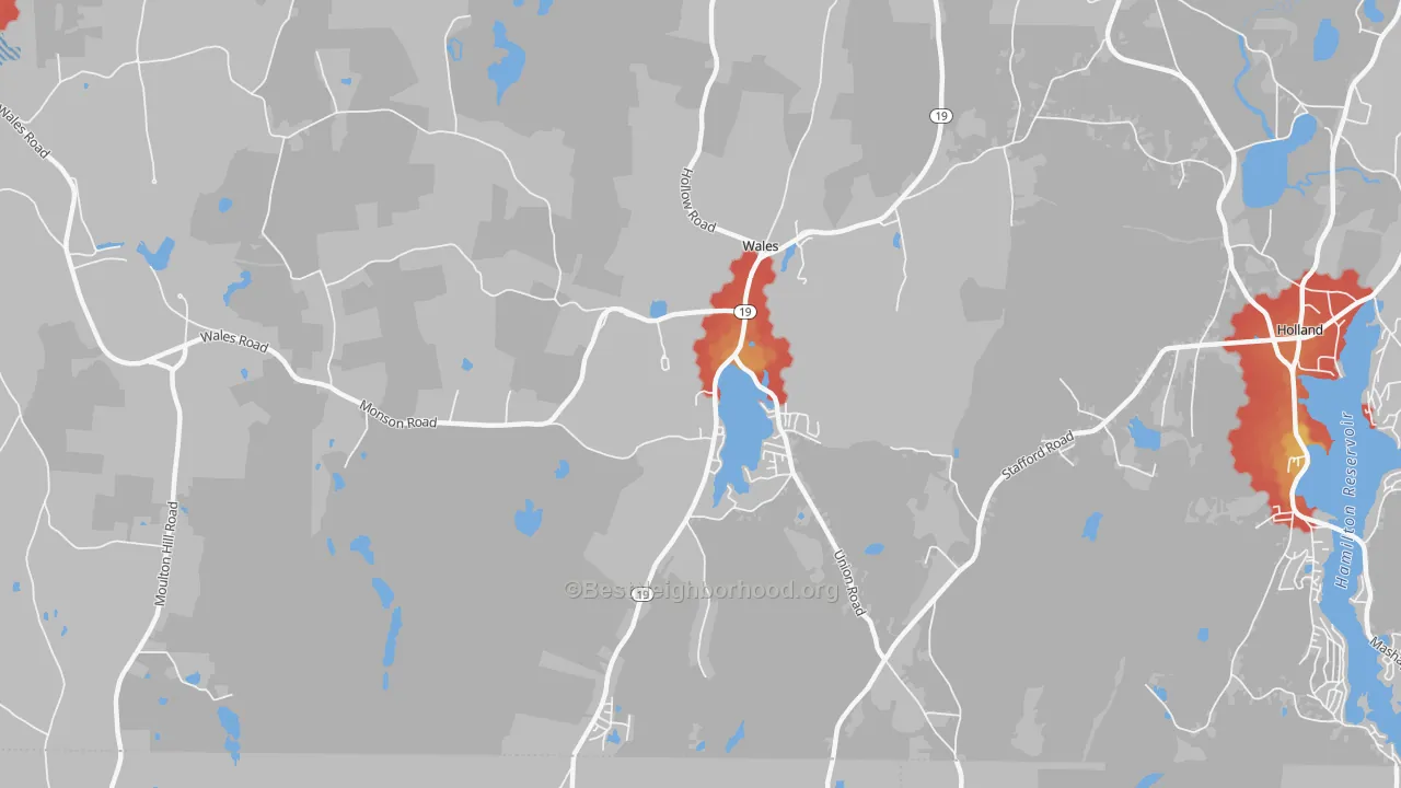Walk Grade map of 01081, MA, walkable areas in green and car-dependent areas in red