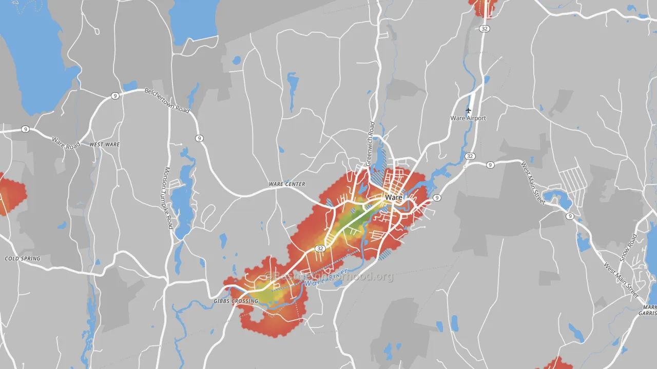 Walk Grade map of 01082, MA, walkable areas in green and car-dependent areas in red