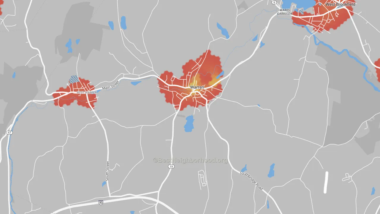Walk Grade map of 01083, MA, walkable areas in green and car-dependent areas in red
